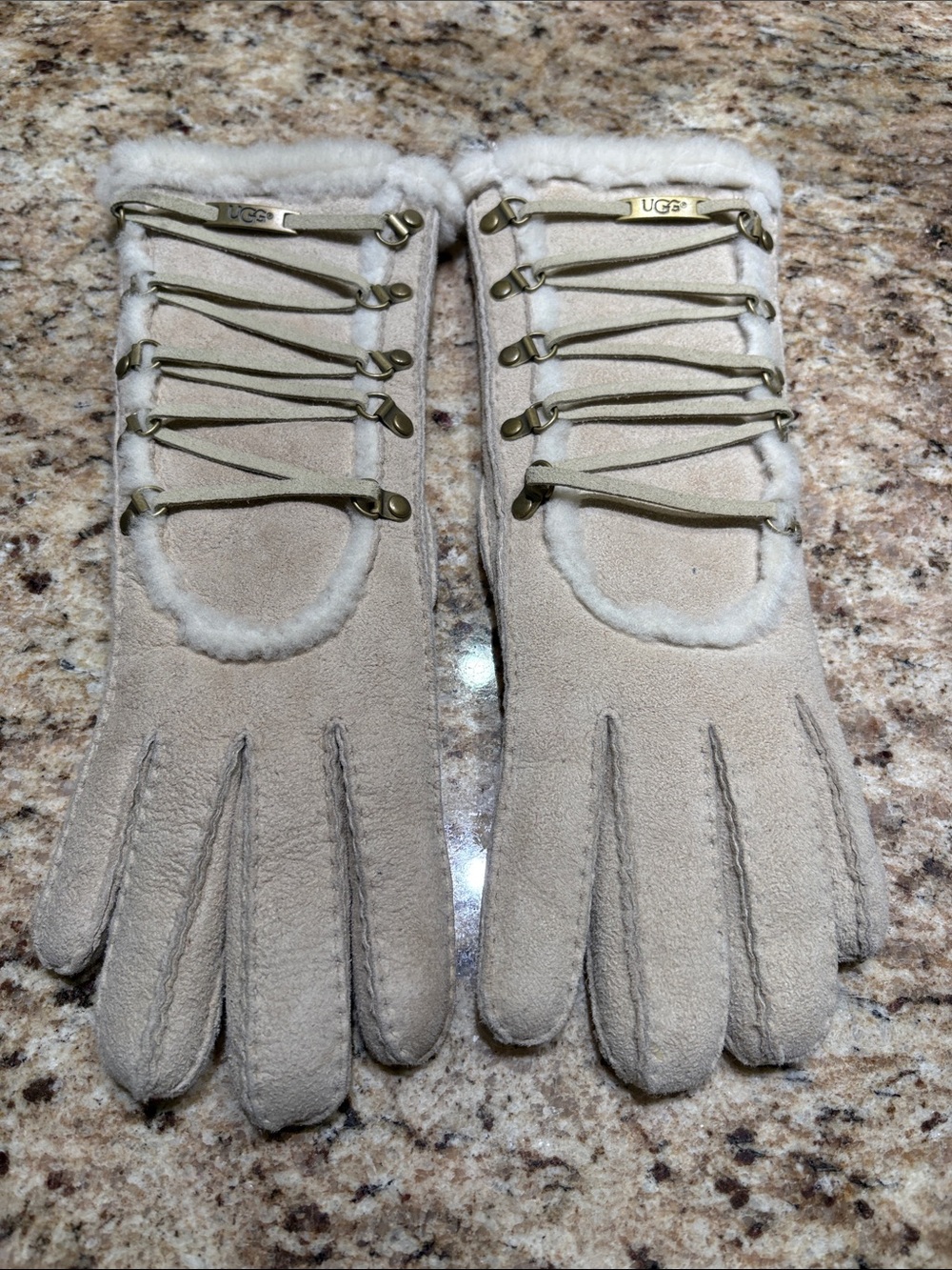 UGG Women's Gloves Light Taupe Suede Shearling Lined Lace-Up